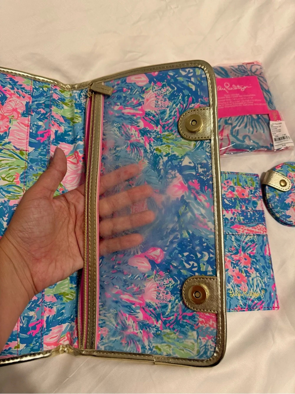 Lilly Pulitzer Blue Pink Green Tropical Travel Set with Gold Trim